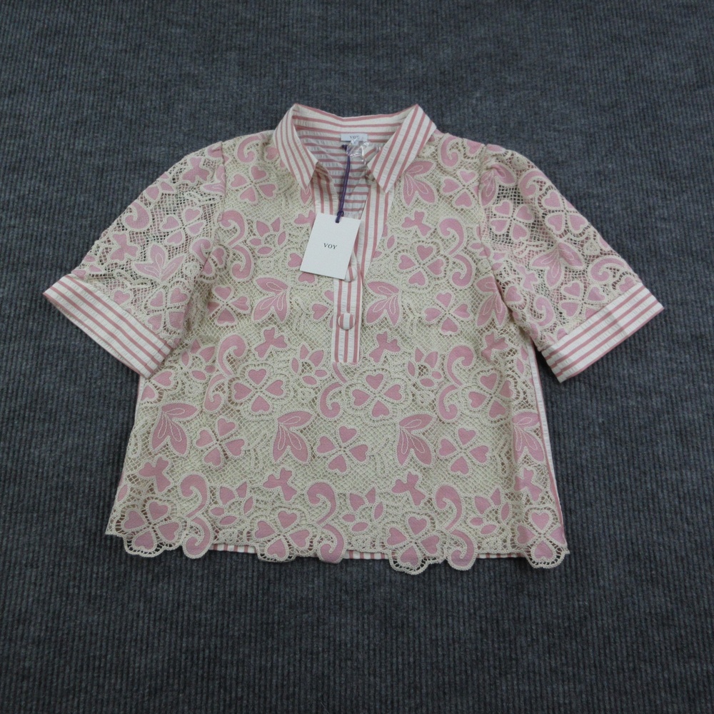 VOY Blouse Womens L Pink Tunic Collared Lace Eyelet Crochet Button Lined NWT